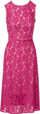 Adrianna Papell Belted Sleeveless Lace Midi Dress