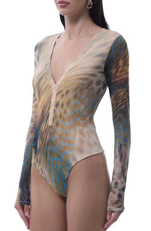 Afrm Harris Printed Mesh Bodysuit In Burgundy