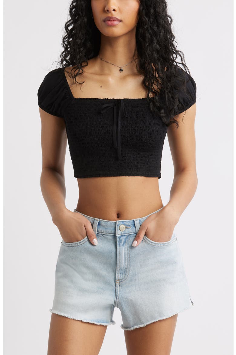 Smocked Crop Top, Main, color, BLACK