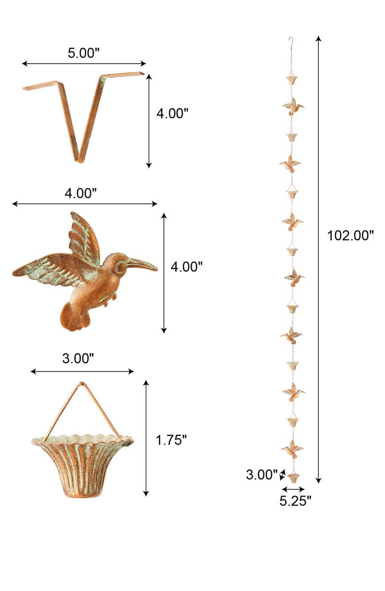 Glitzhome 8.5ft 15-Piece Faux Copper Patina Finish Bird and Cup Shaped Rain Chain with V-Shaped Gutter Clip, Alternate, color, Gold
