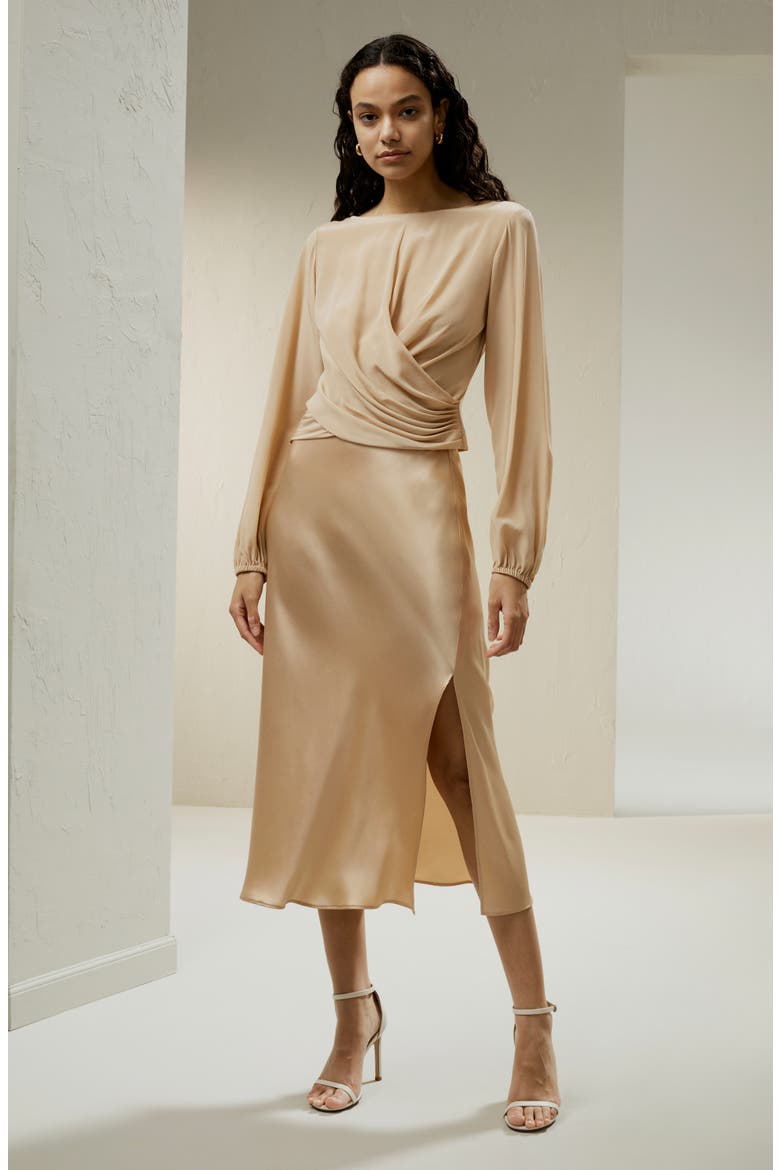 Women's Nipped Waist Crêpe de Chine Silk Blouse, Alternate, color, Pale gold