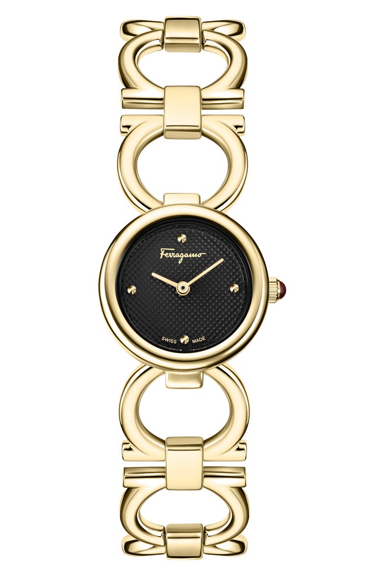 Double Gancini Bracelet Watch, 22.5mm, Main, color, YELLOW GOLD/BLACK
