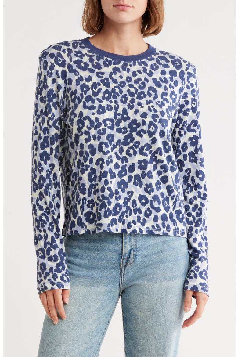 Leopard Print Long Sleeve Slub Crop T-Shirt, Main, color, SKYFLOWER