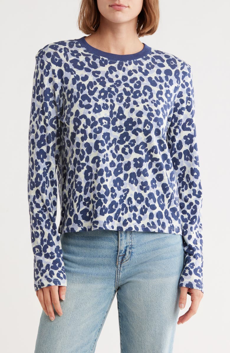 ATM Anthony Thomas Melillo Leopard Print Long Sleeve Slub Crop T-Shirt, Main, color, Skyflower