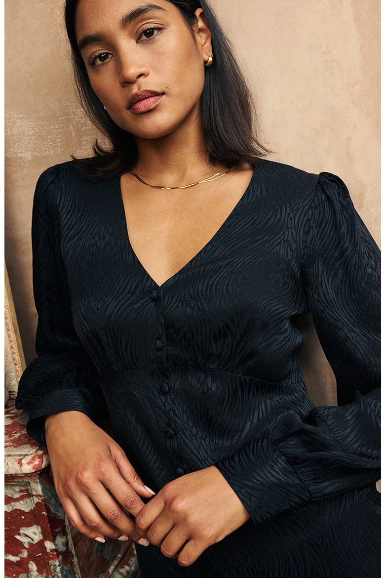 Tasha Long Sleeve Satin Midi Dress, Alternate, color, BLACK
