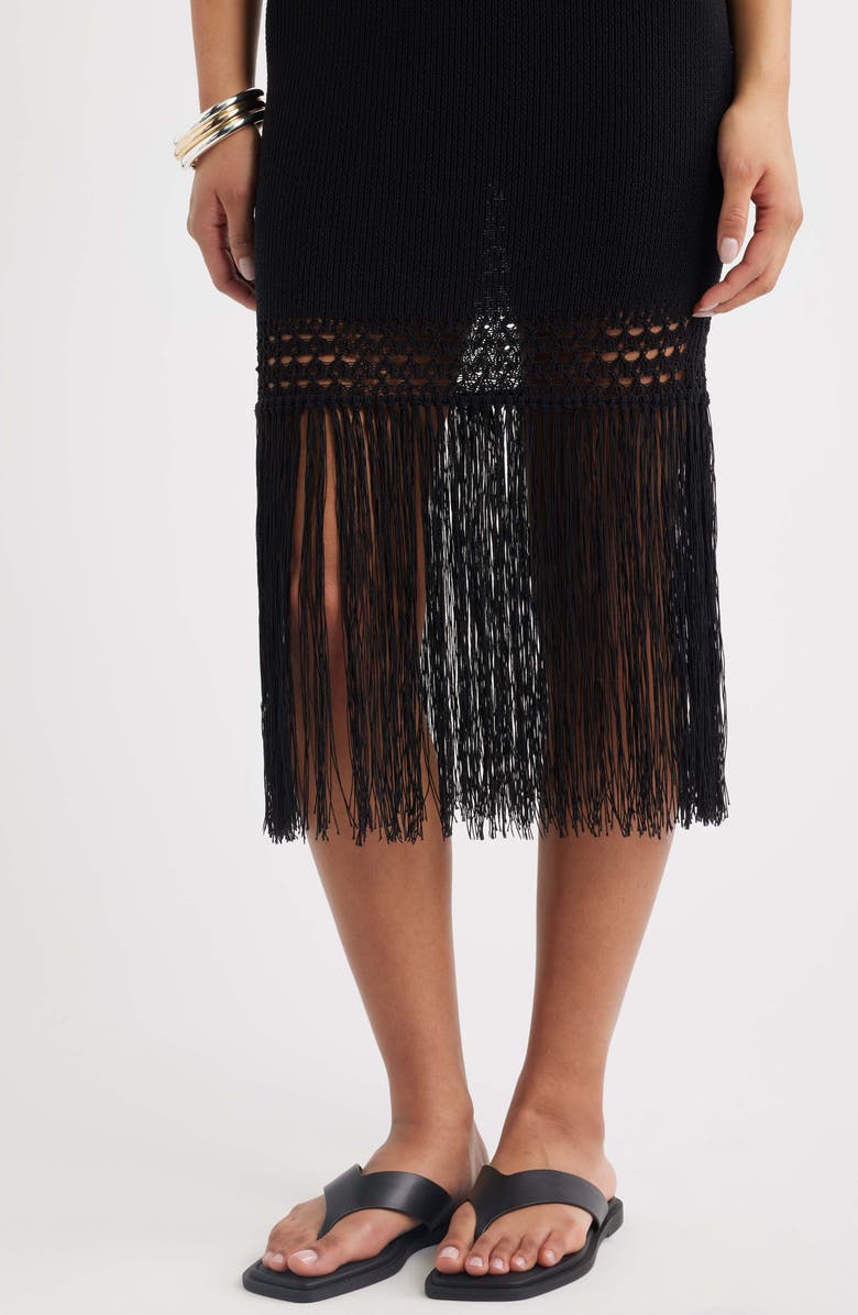 Open Edit Sewater Strapless Fringe Sweater Tube Dress, Alternate, color, Black