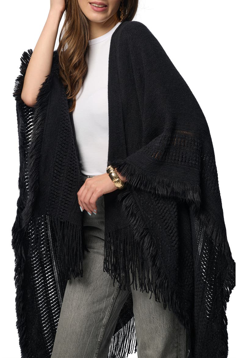 Tara Fringe Trim Open Front Ruana, Alternate, color, BLACK