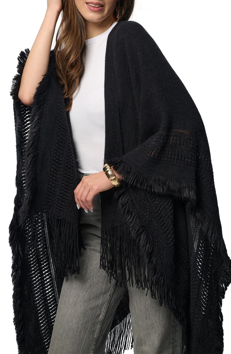 SAACHI Tara Fringe Trim Open Front Ruana, Alternate, color, Black