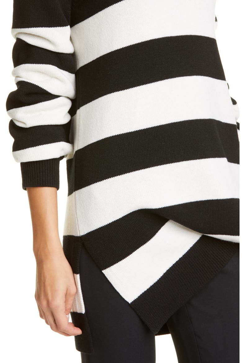 Michael Kors Stripe Draped Asymmetrical Cashmere Sweater, Alternate, color, BLACK/ WHITE