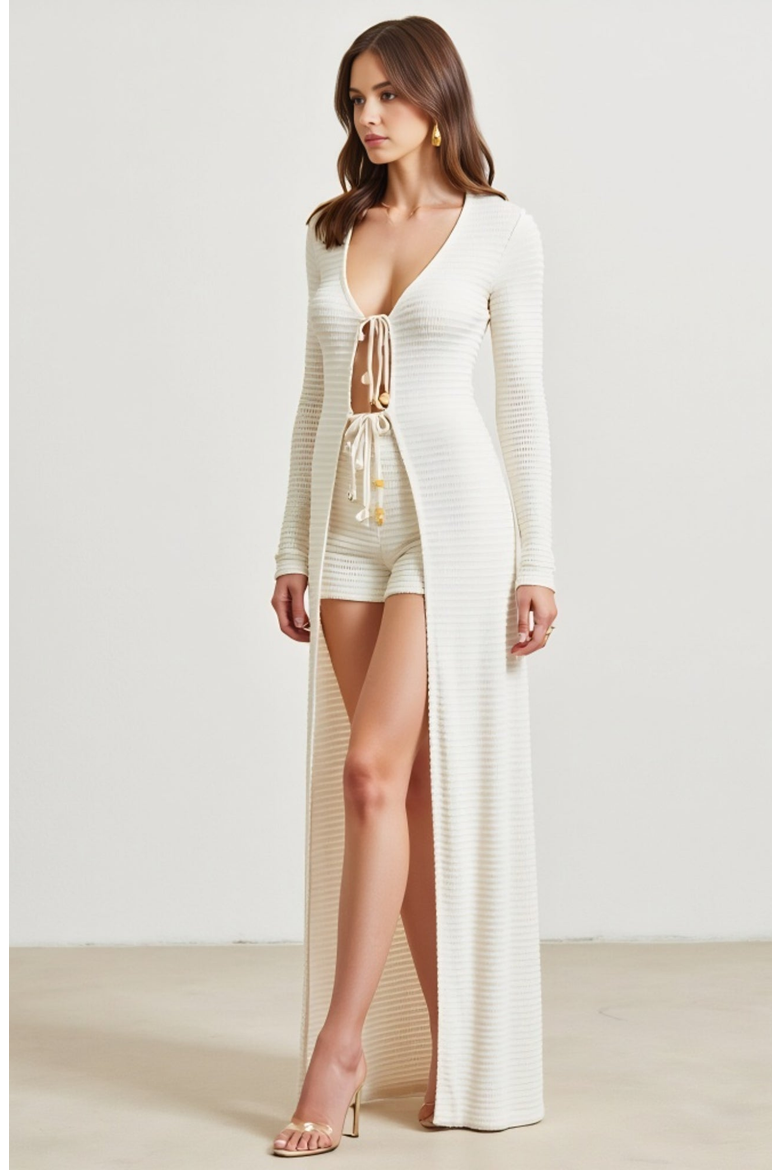 Ribbed Knit Longline Cardigan and Matching Shorts Vacation Set, Alternate, color, Ivory