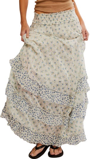 Brynn Mixed Floral Tiered Cotton Blend Maxi Skirt