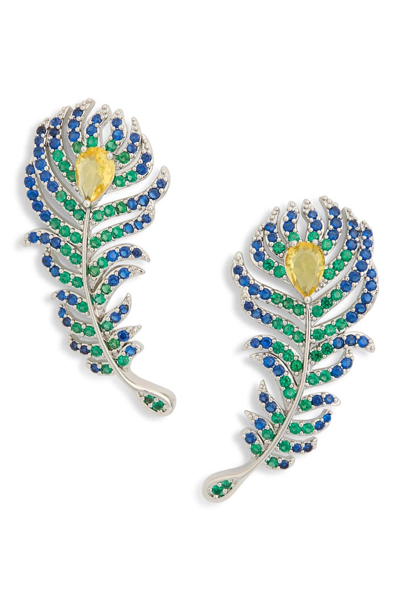 Renata Peacock Feather Drop Earrings, Main, color, SILVER