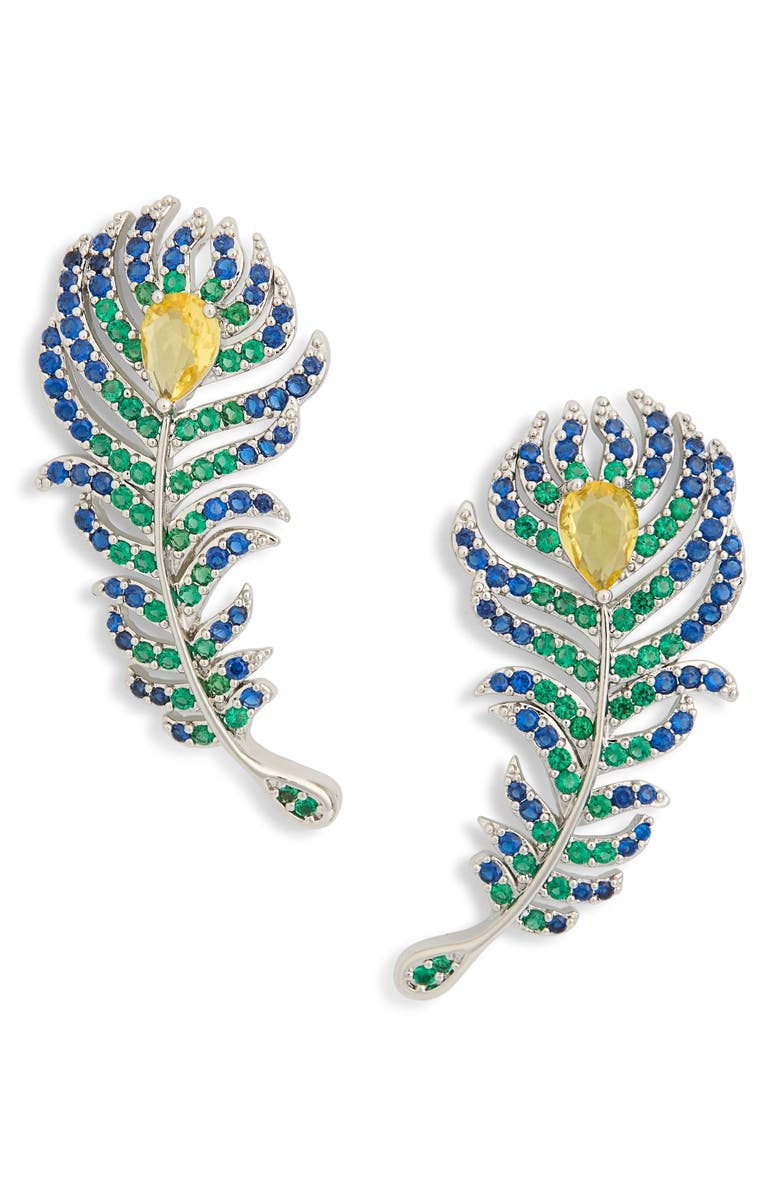 EYE CANDY LOS ANGELES Renata Peacock Feather Drop Earrings, Main, color, Silver