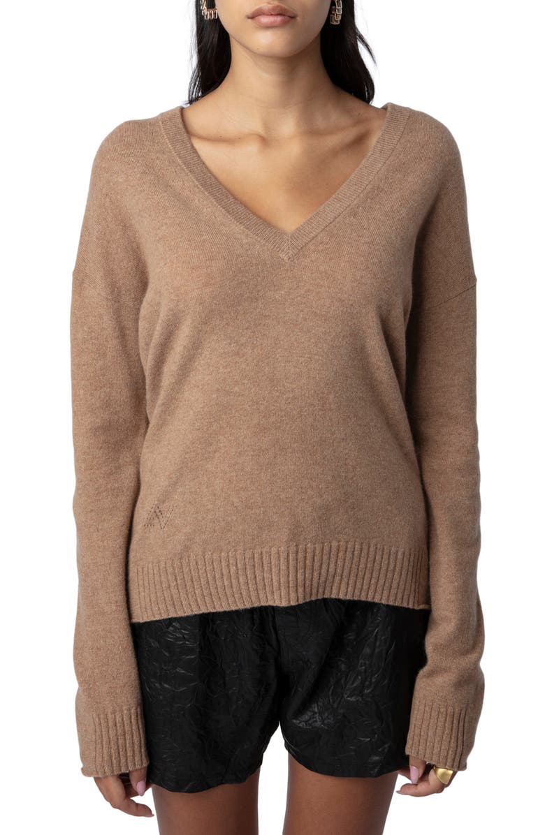 Zadig & Voltaire Vivi Star Patch Cashmere V-Neck Sweater, Main, color,
