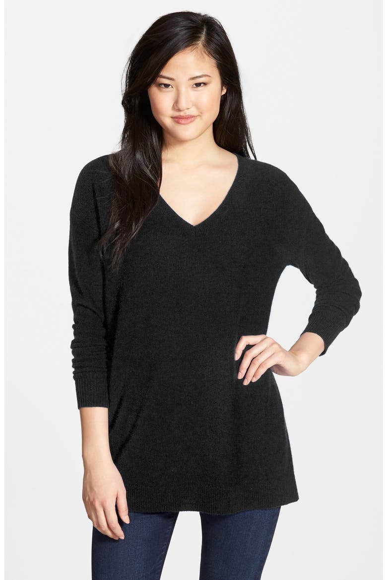 V-Neck Cashmere Tunic Sweater, Main, color, BLACK