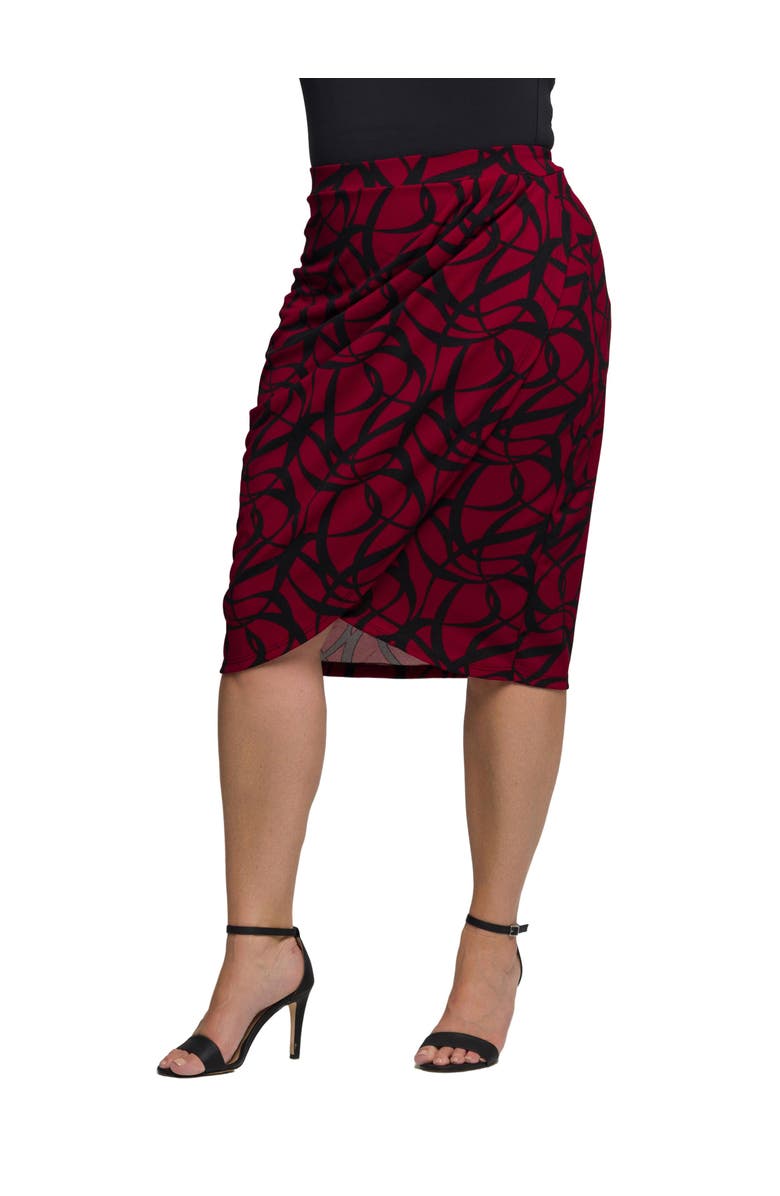 24seven Comfort Apparel Print Ruched Knee Length Skirt, Alternate, color, Red Multi