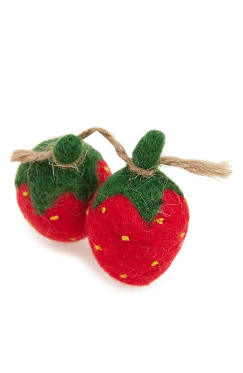 Set of 2 Felted Wool Strawberry Pet Toys