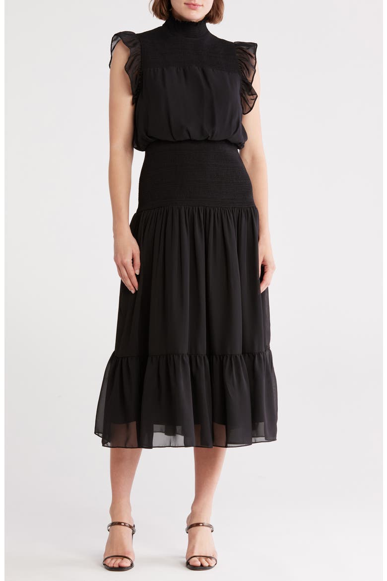 Flutter Sleeve Smocked Drop Waist Midi Dress, Main, color, BLACK