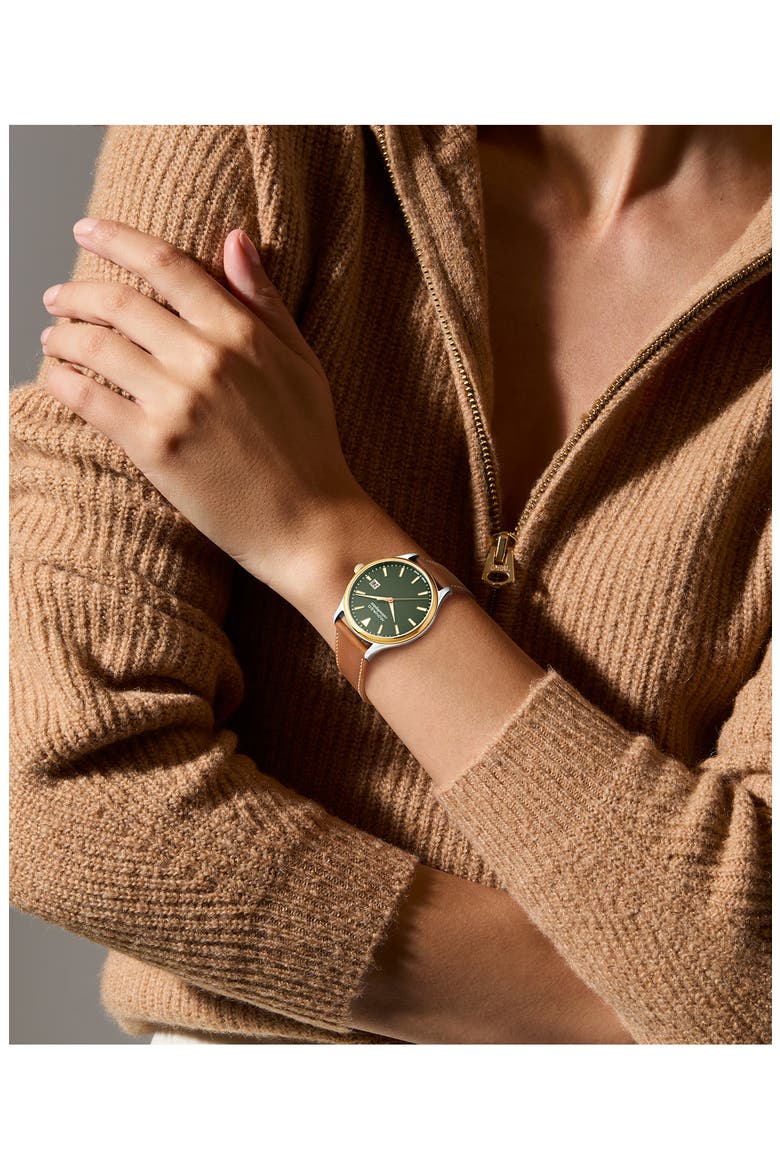 Heritage Calendoplan Leather Strap Watch, 40mm, Alternate, color, GREEN