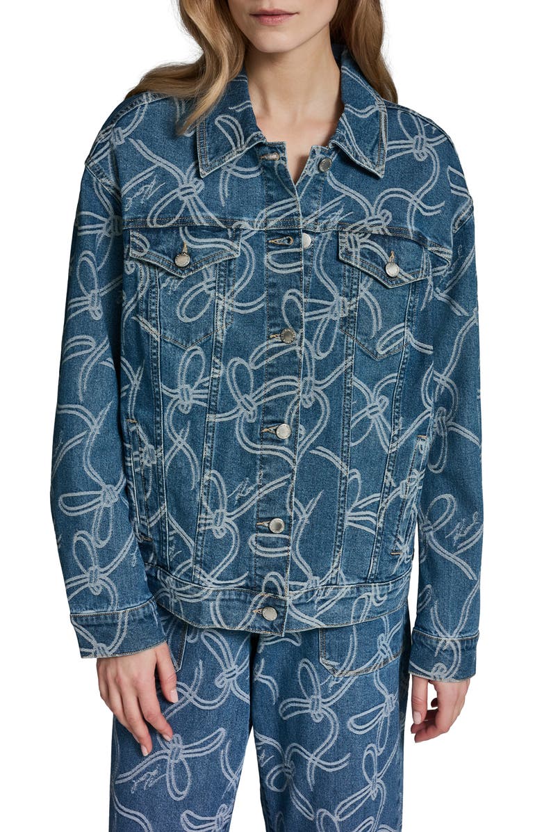 KARL LAGERFELD PARIS Bow Denim Jacket, Main, color, Medium Indigo