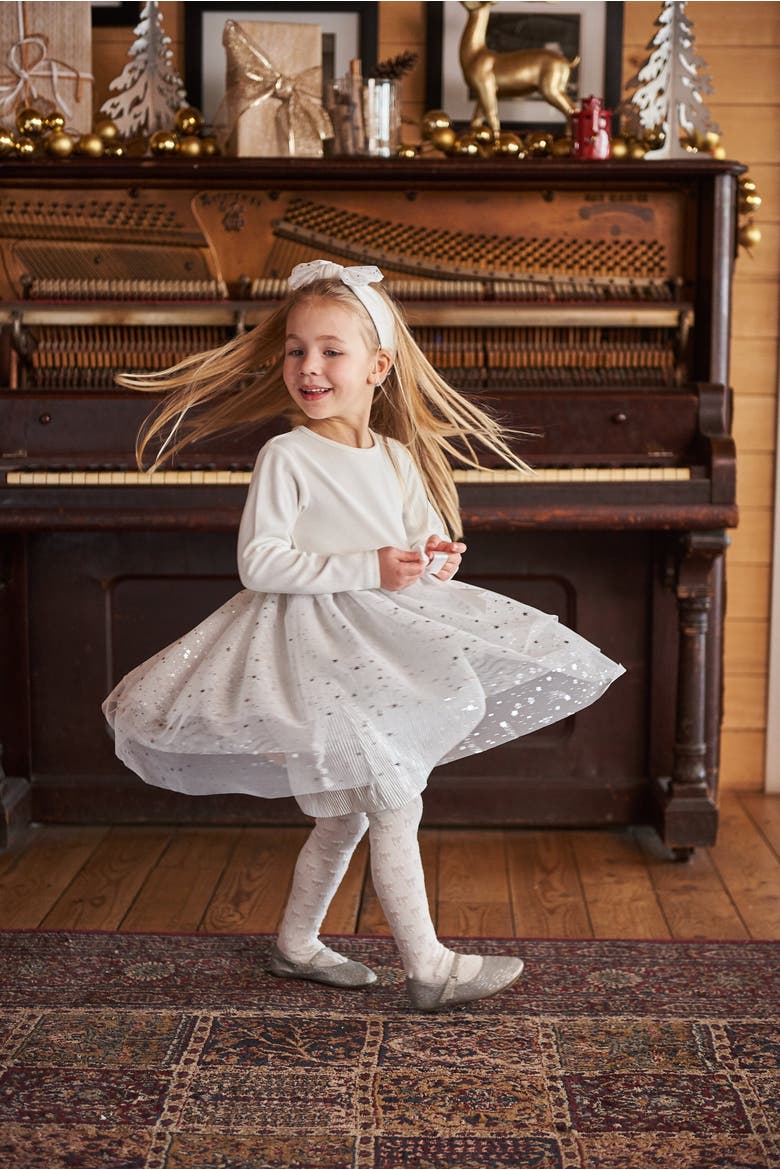 Baby Girl's Bi-Material Dress With Glittering Tulle Skirt Off White, Alternate, color, Off White