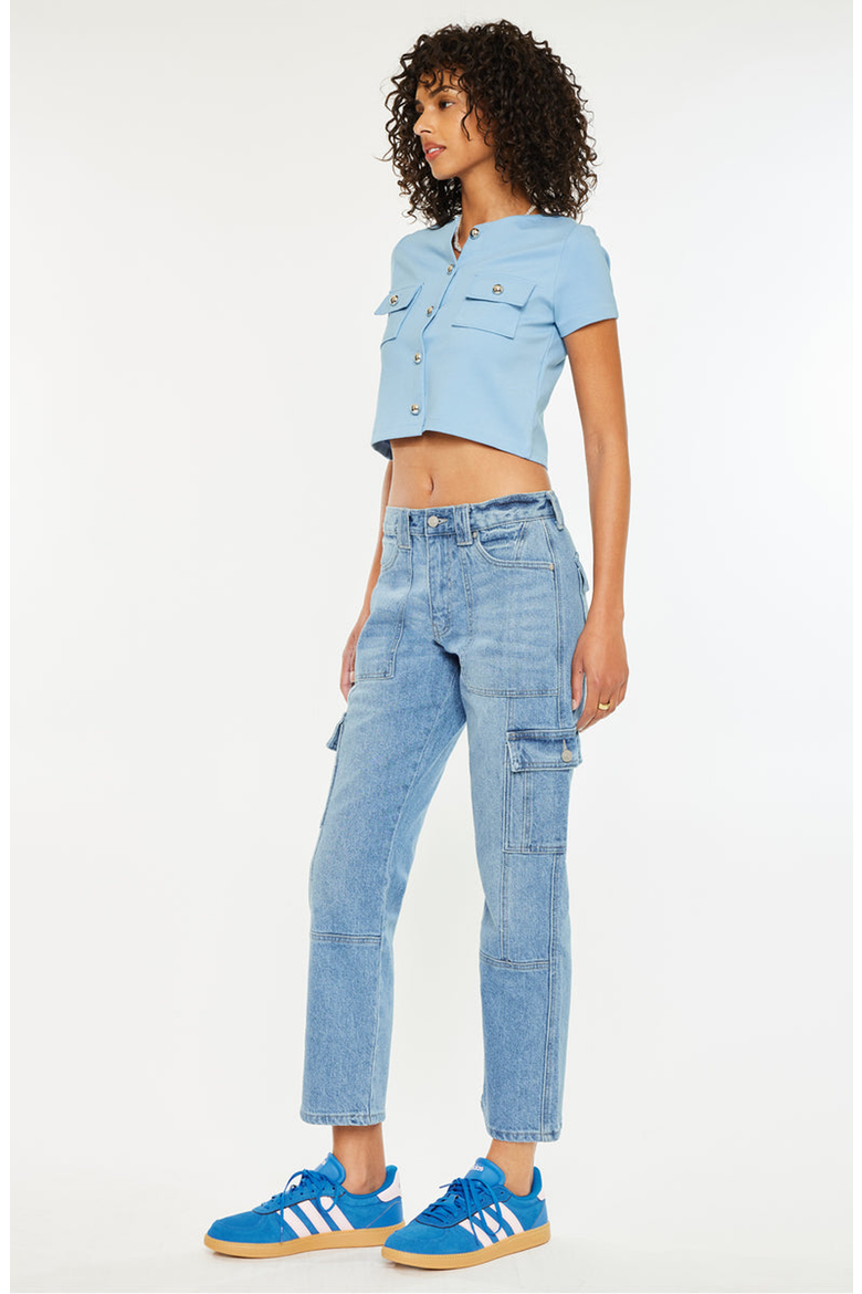 Aaliyah High Rise Slim Straight Leg Cargo Jeans, Alternate, color, Medium Wash