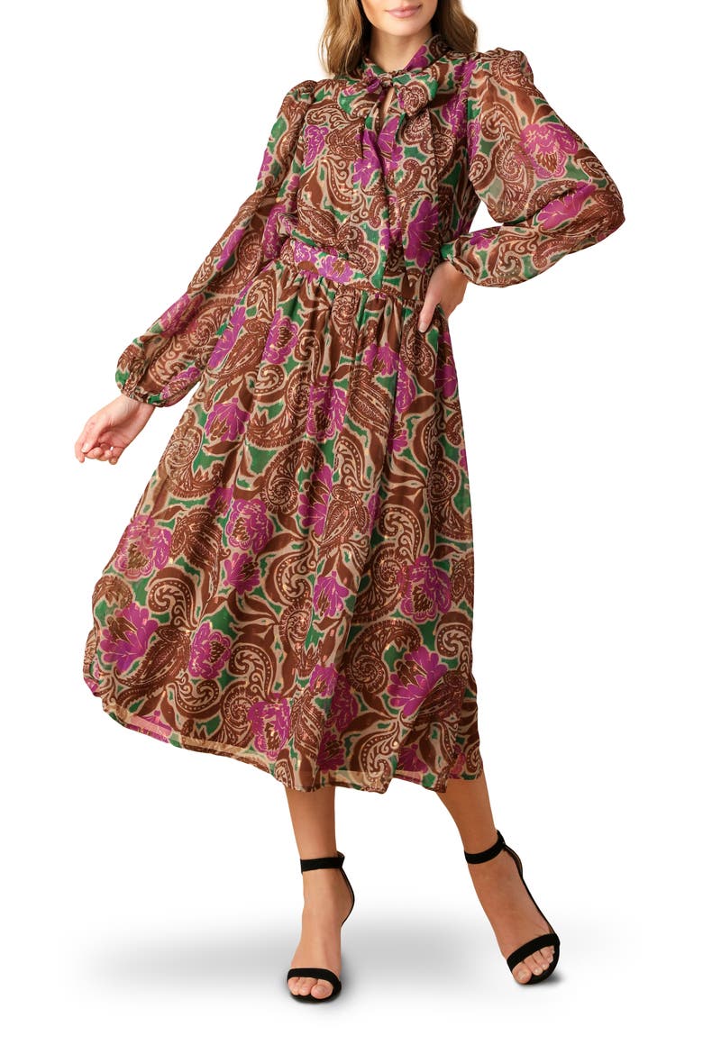 Print Long Sleeve Midi Dress, Main, color, BROWN GREEN