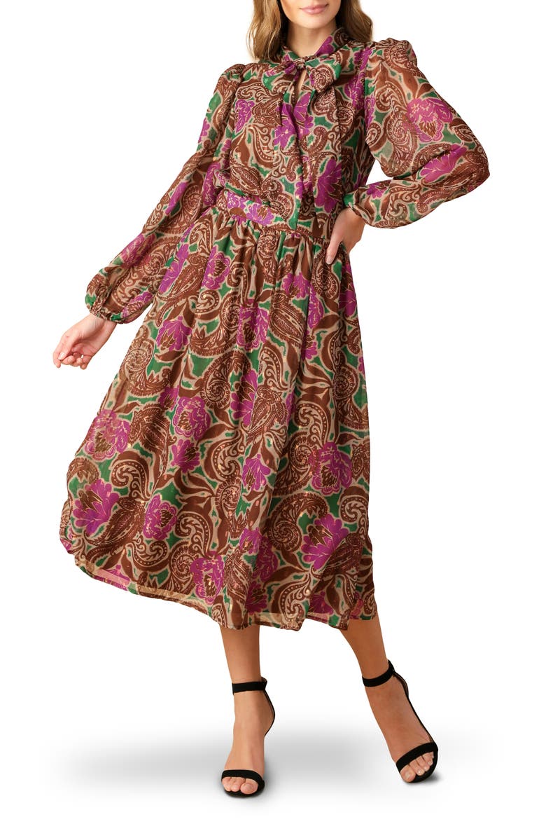 FLYING TOMATO Print Long Sleeve Midi Dress, Main, color, Brown Green