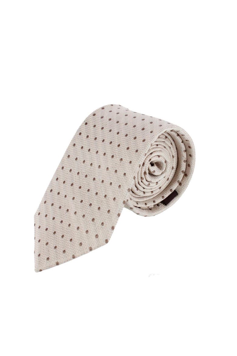 Ignacio Linen Blend Polka Dot Vertical Slant Lined Business Necktie, Main, color, Tan