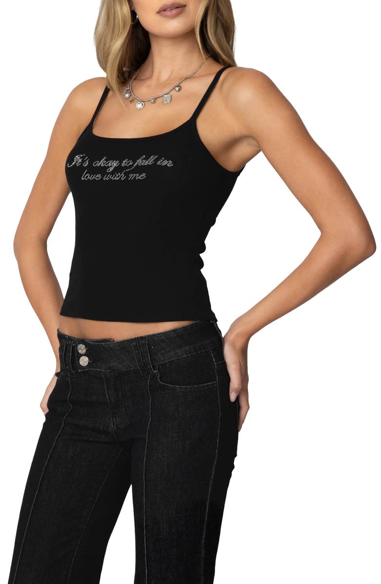 EDIKTED Fall in Love Rhinestone Camisole, Alternate, color, Black