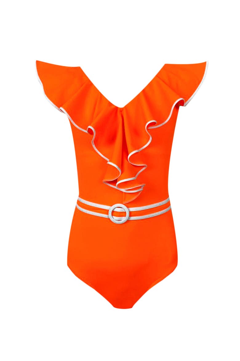 Kids' Vibrant Ruffle with Belt Detail One-Piece Swimsuit, Main, color, Orange
