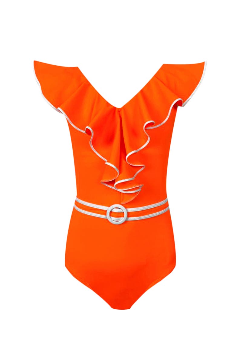 NESSI BYRD Kids' Vibrant Ruffle with Belt Detail One-Piece Swimsuit, Main, color, Orange