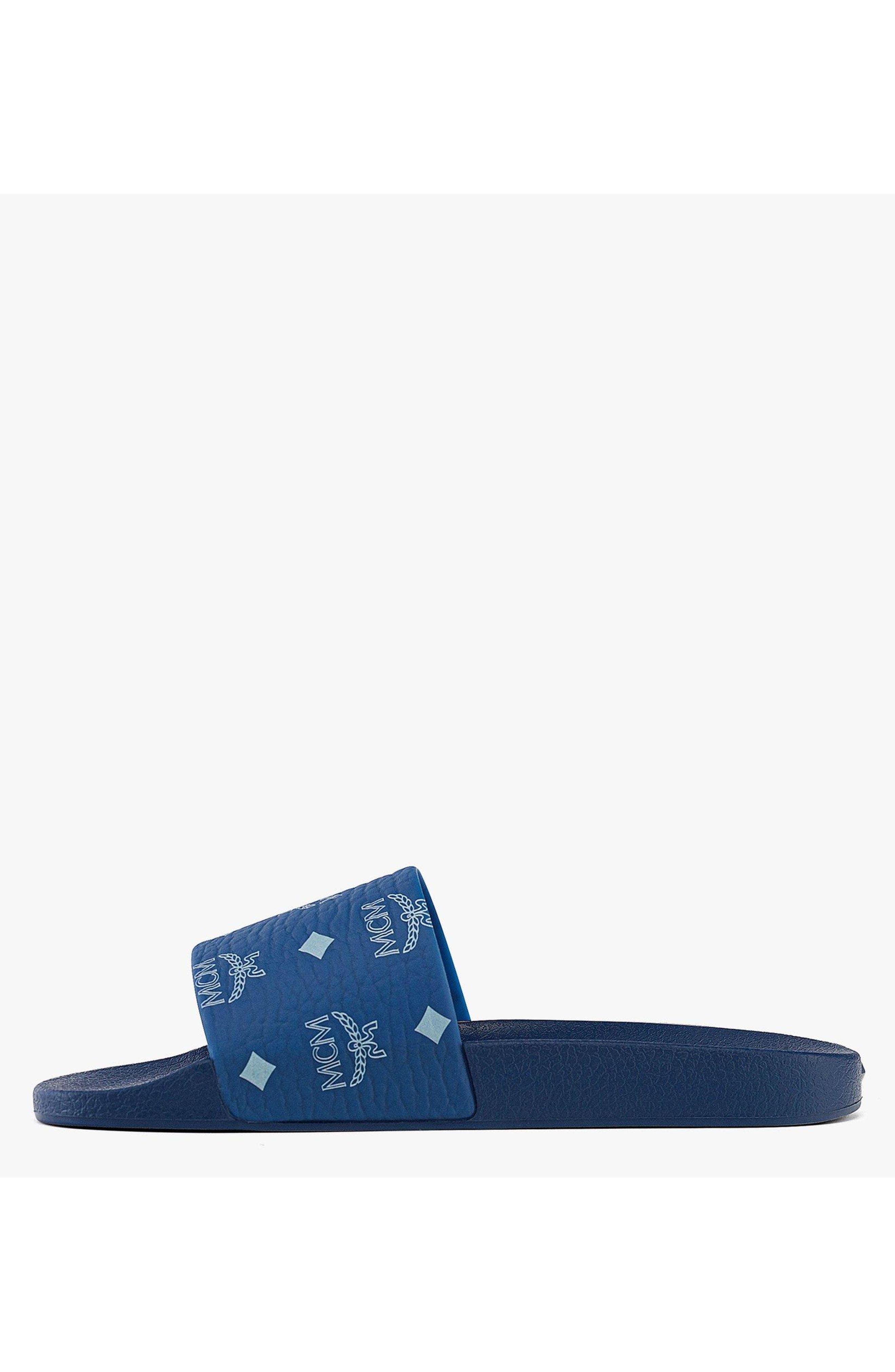 MCM Women's Monogram Print Rubber Slides, Alternate, color, Blue