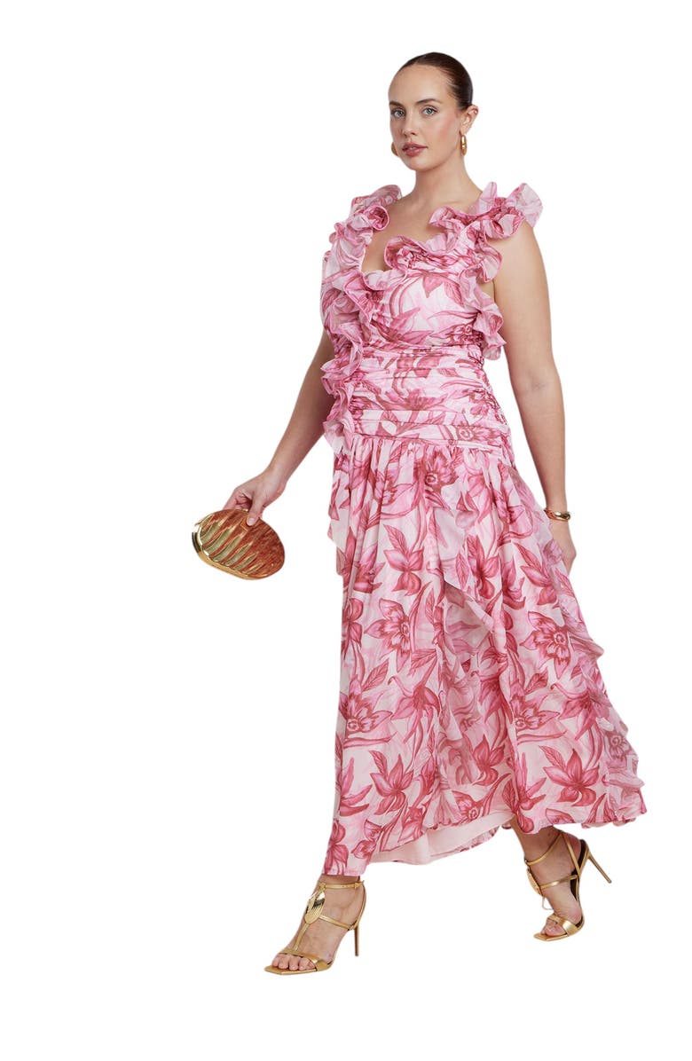 ELOQUII Patbo X Eloquii Fringe Maxi Dress, Alternate, color, Saffron Blooms
