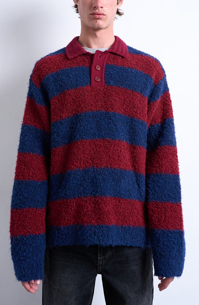 Topman Oversize Stripe Bouclé Polo Sweater, Main, color, Burgundy