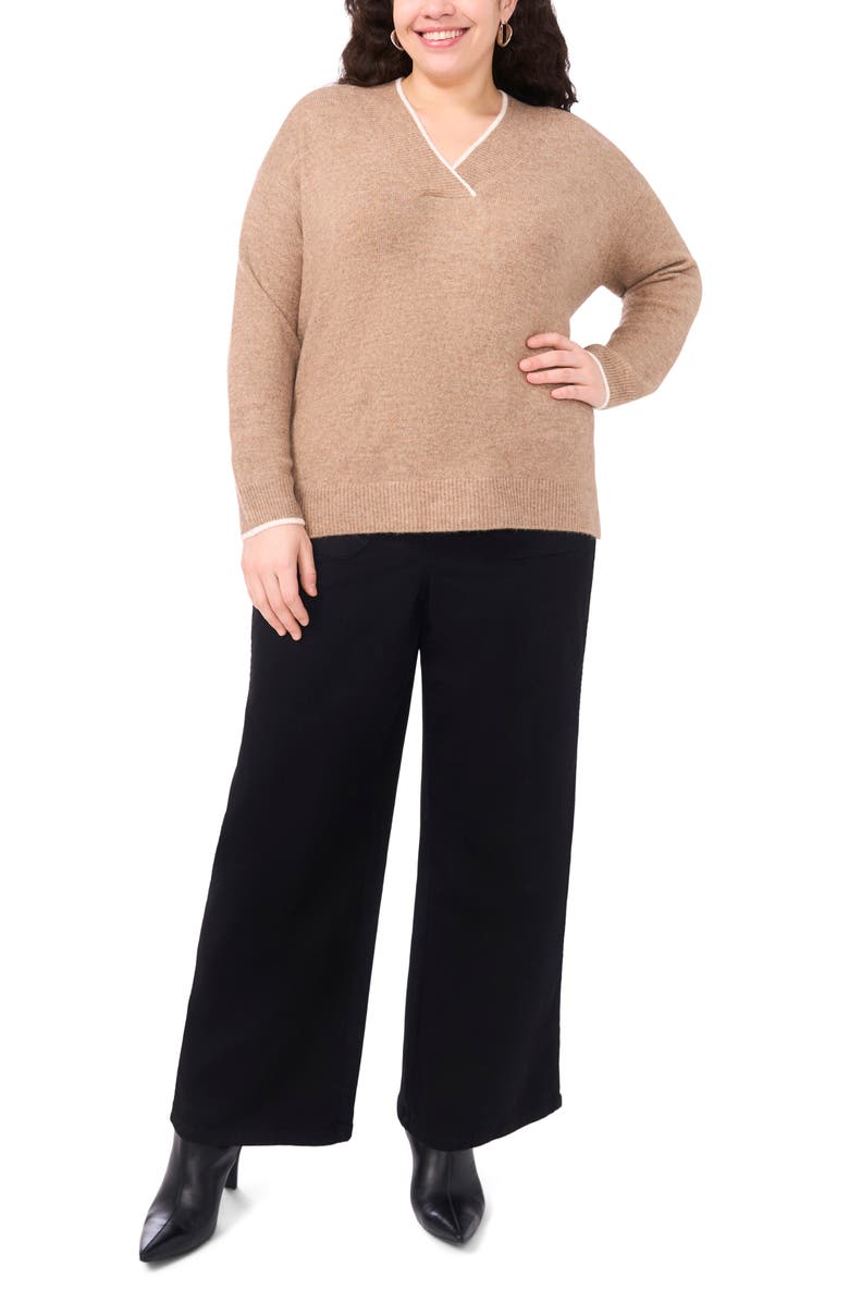 Vince Camuto Tipped Cross V-Neck Cozy Sweater, Alternate, color, Taupe