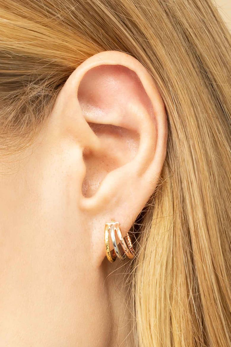 14K Tricolor Gold Unity Mini Hoops, Alternate, color, 14K Tricolor Gold
