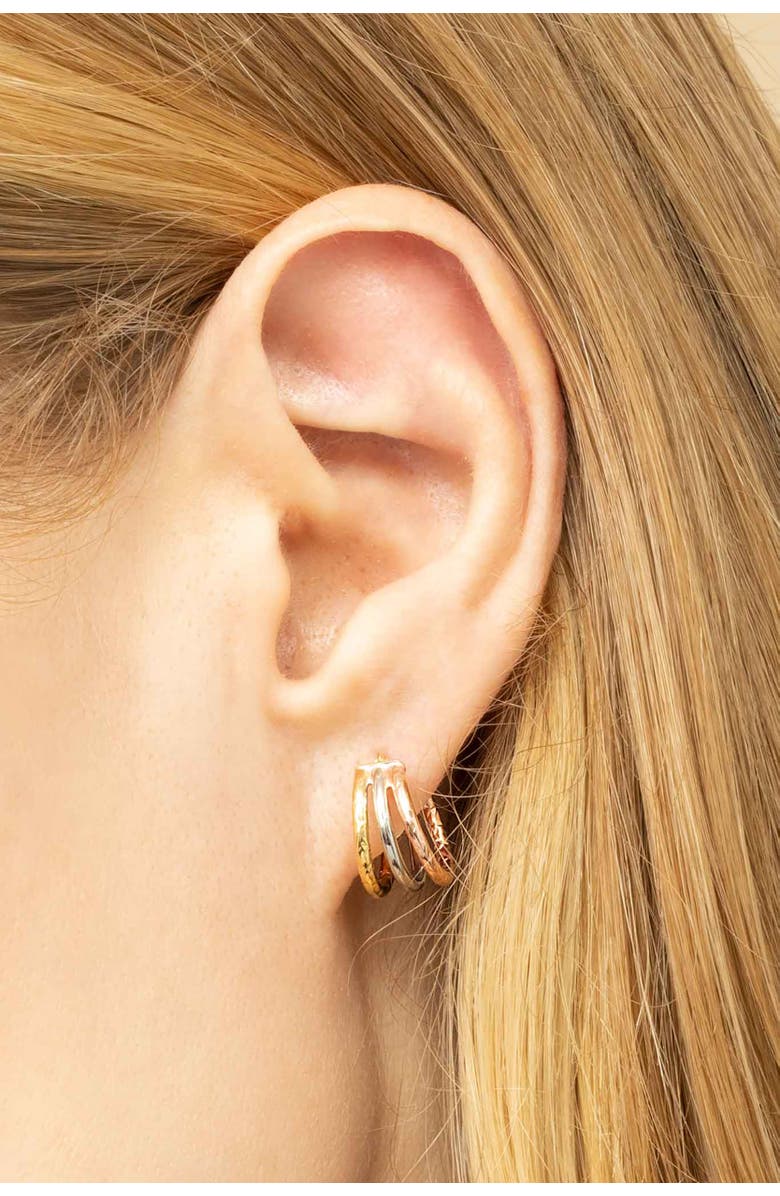 Oradina 14K Tricolor Gold Unity Mini Hoops, Alternate, color, 14K Tricolor Gold