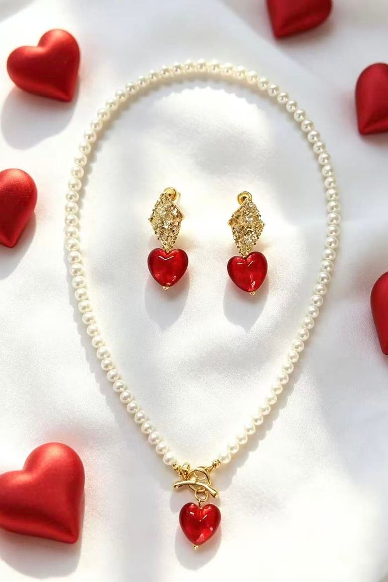 Valentina Murano Glass Heart Pendant Pearl Necklace, Alternate, color, Red