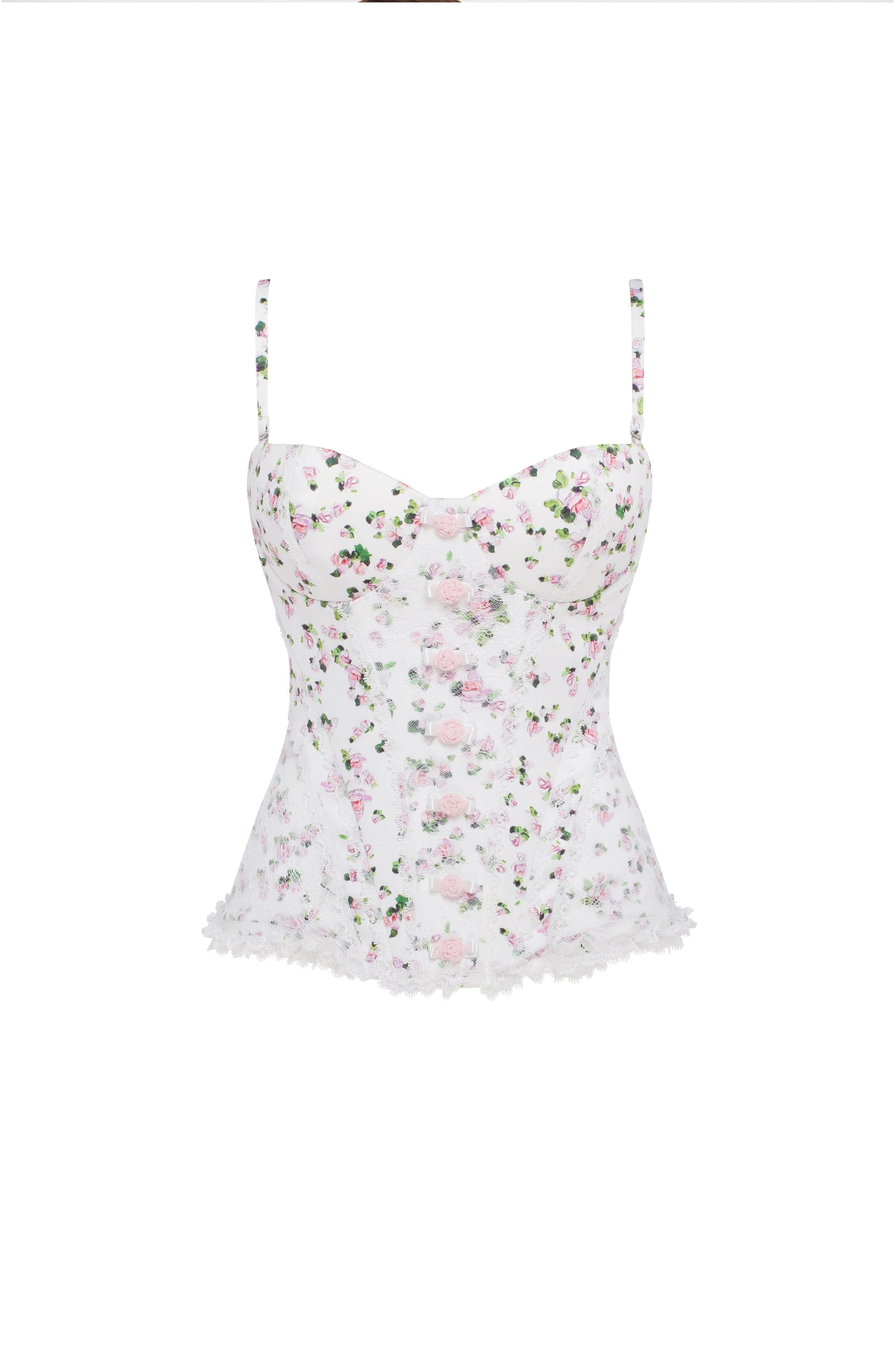 Milla Romantic Corset With Rosebud Appliques, Main, color, Apple Blossom