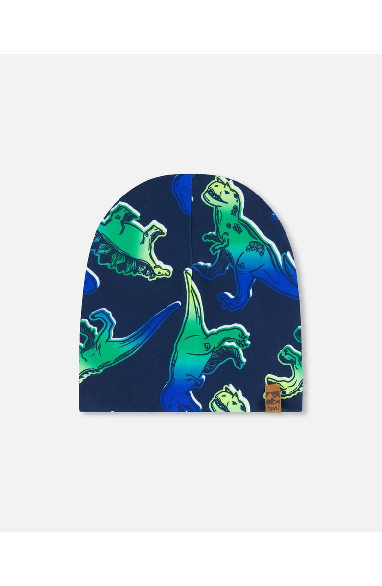 Deux par Deux Boy's Printed Beanie Hat Blue And Green Dino On Navy, Main, color, 