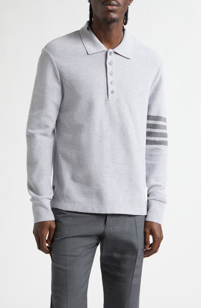 Thom Browne 4-Bar Long Sleeve Cotton Piqué Polo, Main, color, Pale Grey