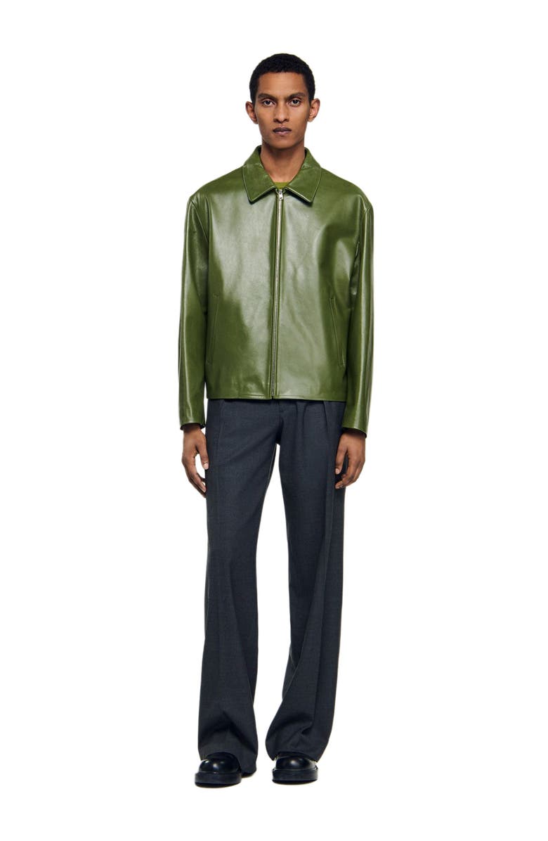 SANDRO Zip-up wing collar leather jacket, Main, color, Lime