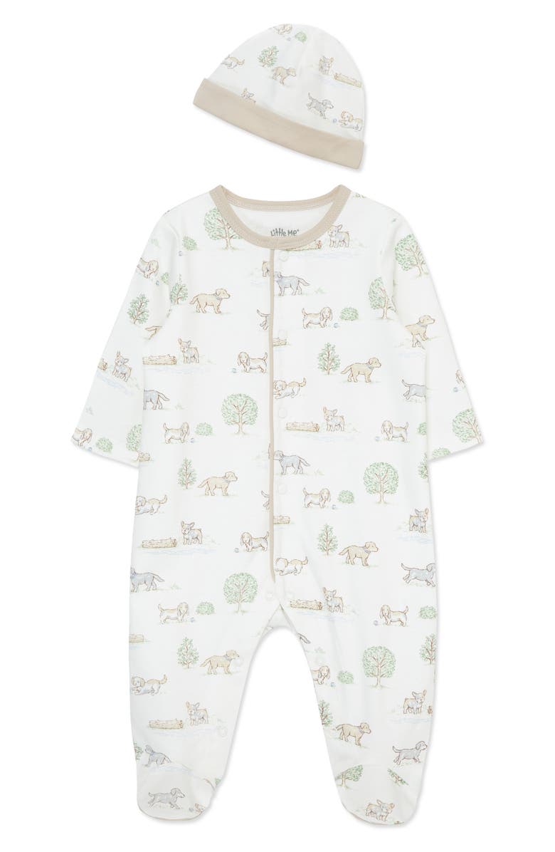 Little Me Puppy Park Cotton Footie & Hat Set, Main, color, Ivory