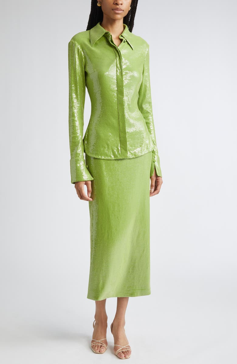 Oscar de la Renta Sequin Jersey Button-Up Shirt, Alternate, color, Fern