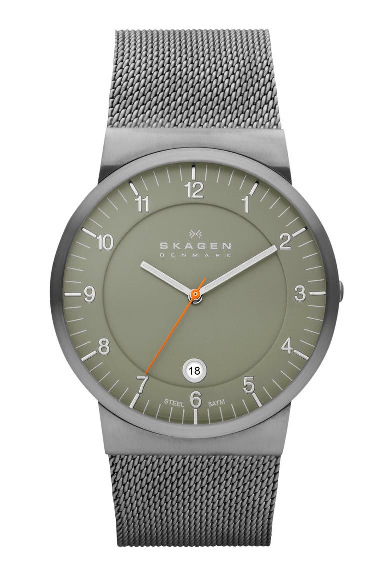 Slim Round Mesh Strap Watch, 39mm, Main, color, GUNMETAL/ KHAKI