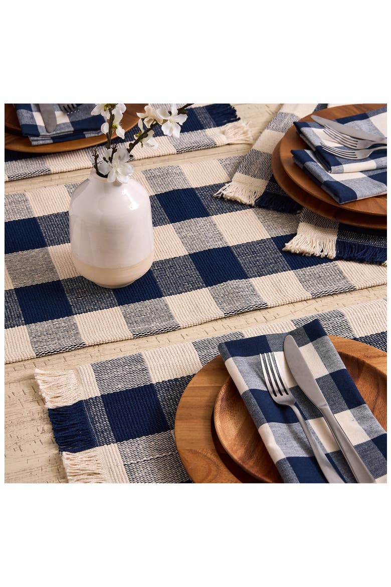 Checkered Fringe Cotton Table Runner, Alternate, color, BLUE