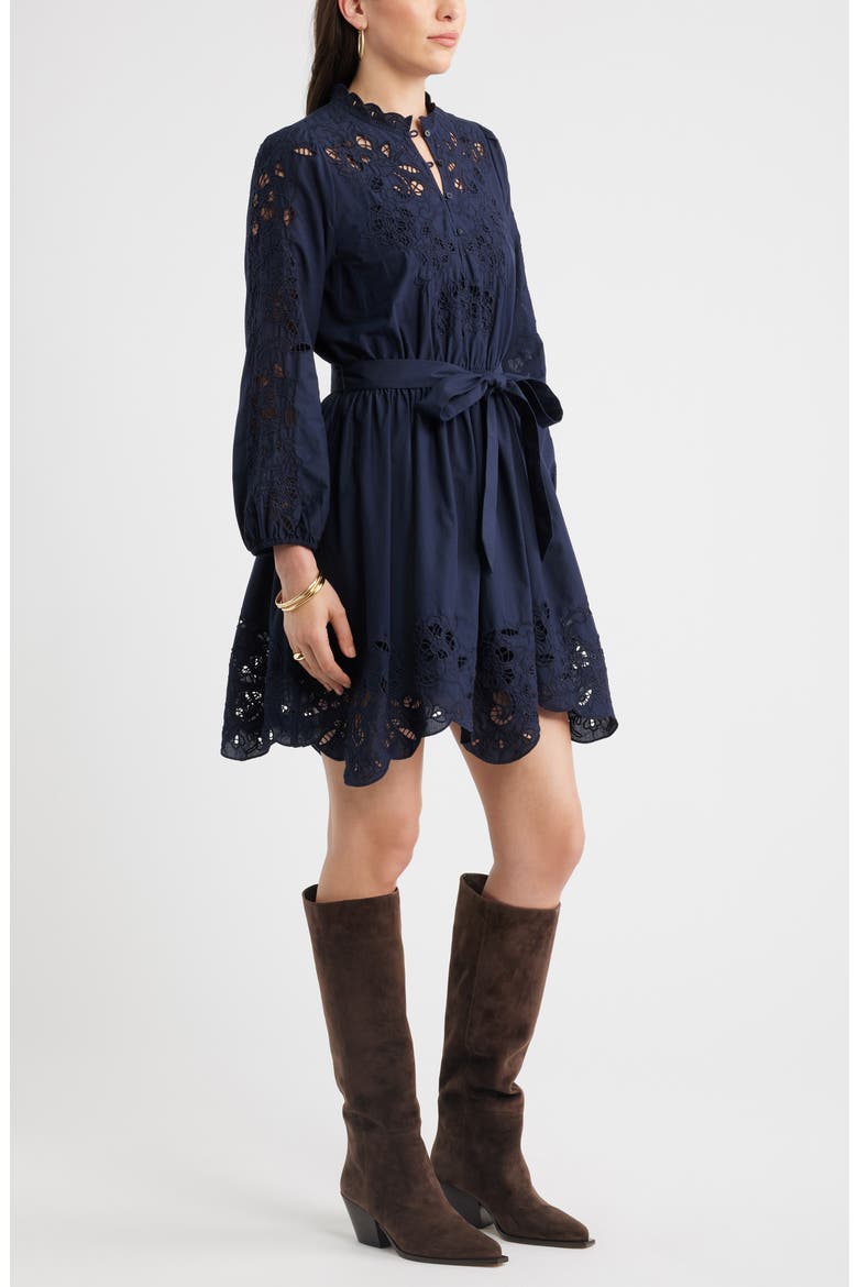 Embroidered Long Sleeve Tie Waist Minidress, Alternate, color, NAVY NIGHT