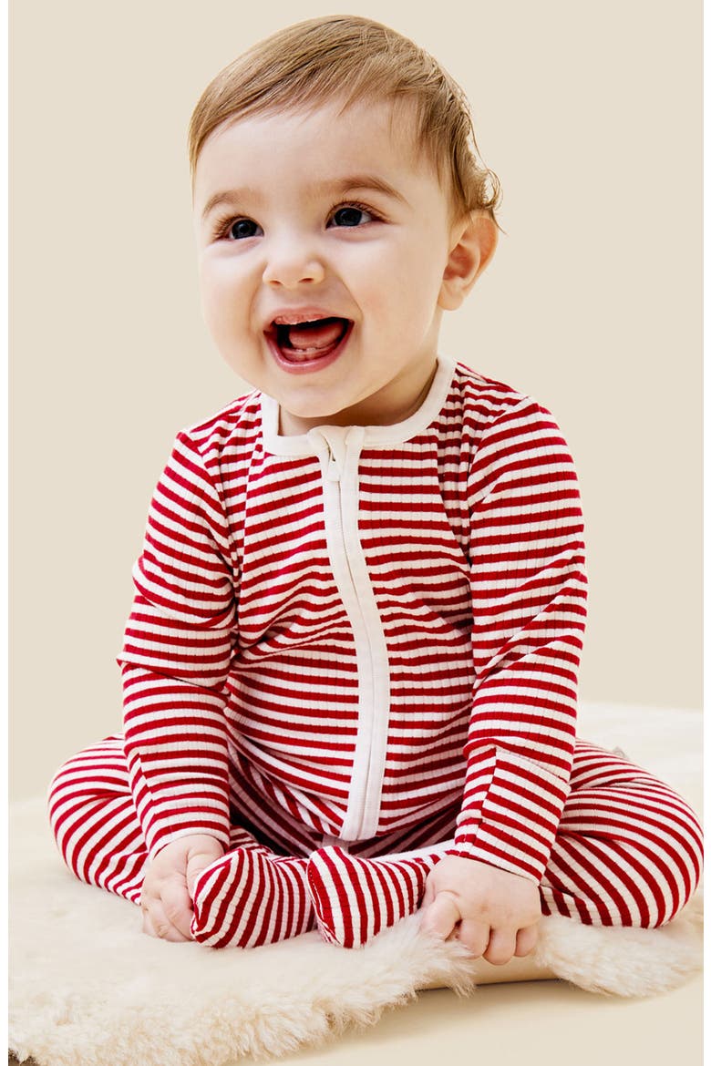 Rib Fitted One-Piece Footed Pajamas, Alternate, color, RED STRIPE