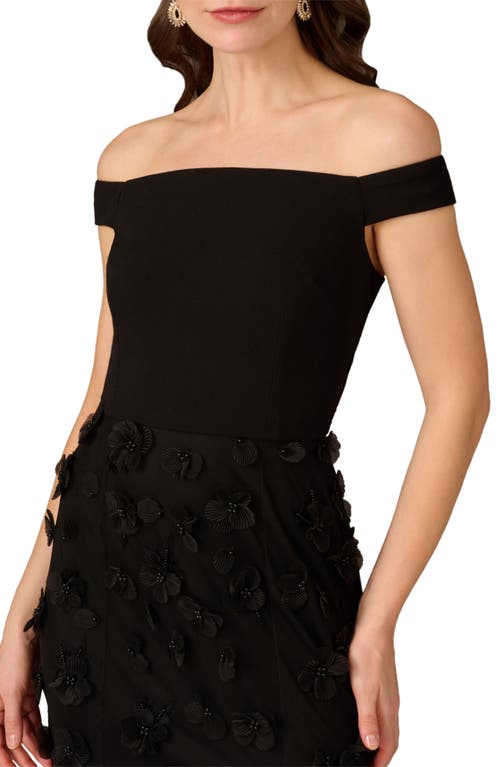 Aidan Mattox Beaded Floral Applique Off-shoulder Gown In Black